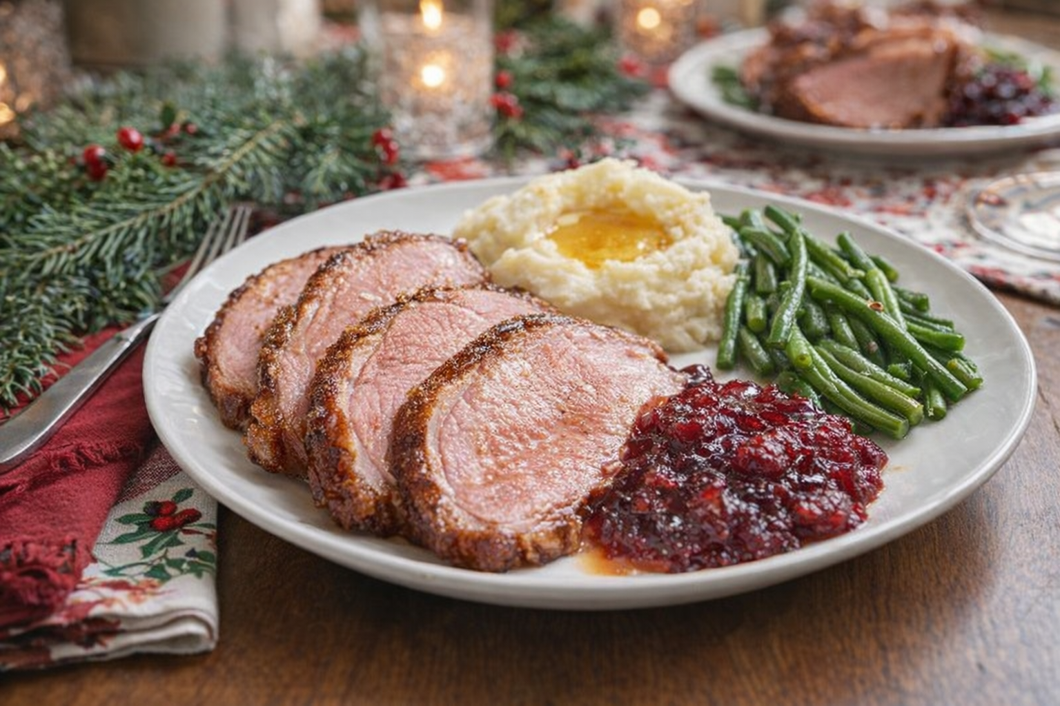 Plated slices of brown sugar glazed ham served with mashed potatoes, green beans, and cranberry sauce on a festive holiday table
